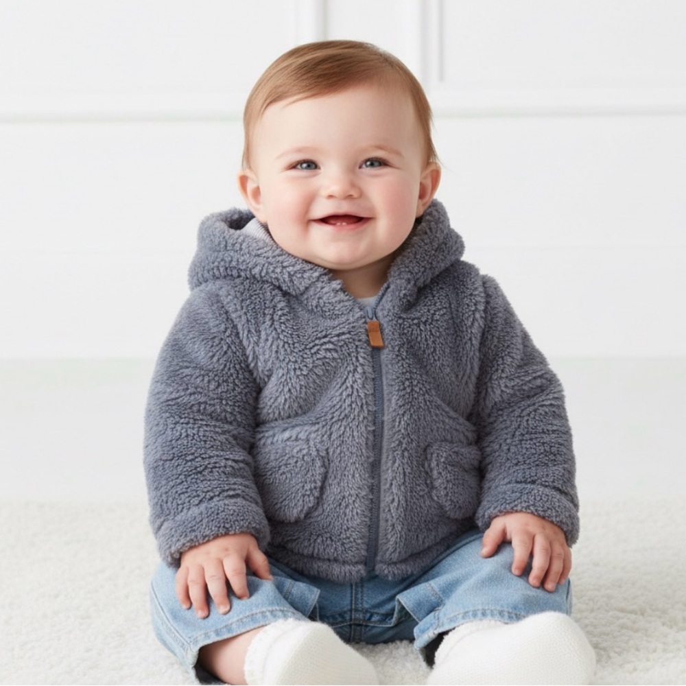 Carter’s Blue Sherpa Hooded Baby Jacket Ears Size 6M Cozy Fleece Bear Jacket
